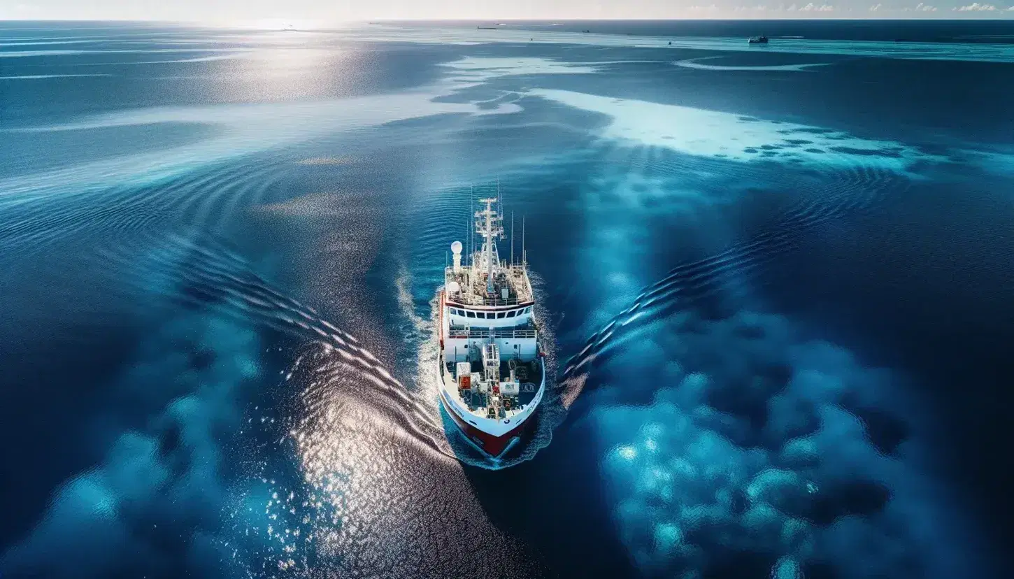 Vista aérea de un gran barco blanco y rojo navegando en aguas azules profundas con reflejos del sol, horizonte despejado y costa lejana.