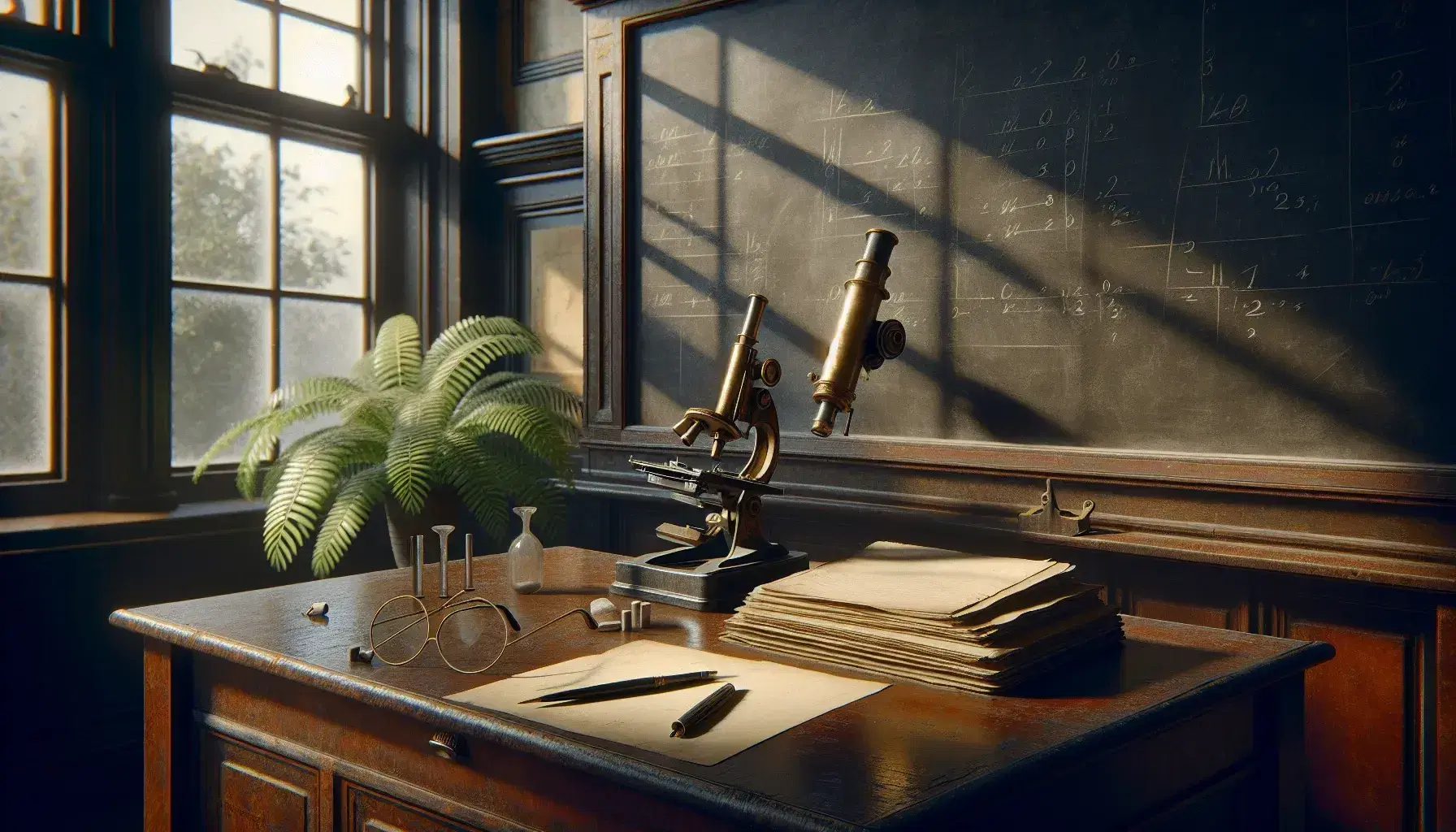 Vintage classroom with a teacher's desk featuring a brass microscope, round eyeglasses, and a fountain pen, a chalkboard, and rows of student desks in soft sunlight.