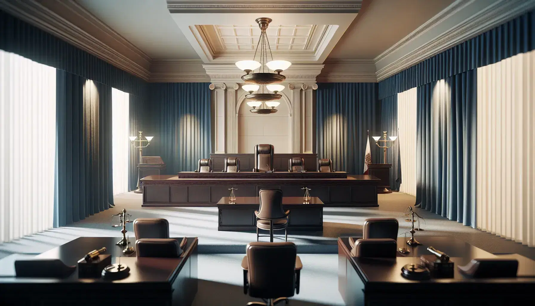 Sala de tribunal vacía con mesa de madera oscura, sillas altas, estrado del juez con bandera nacional, podio y balanza de justicia en primer plano.