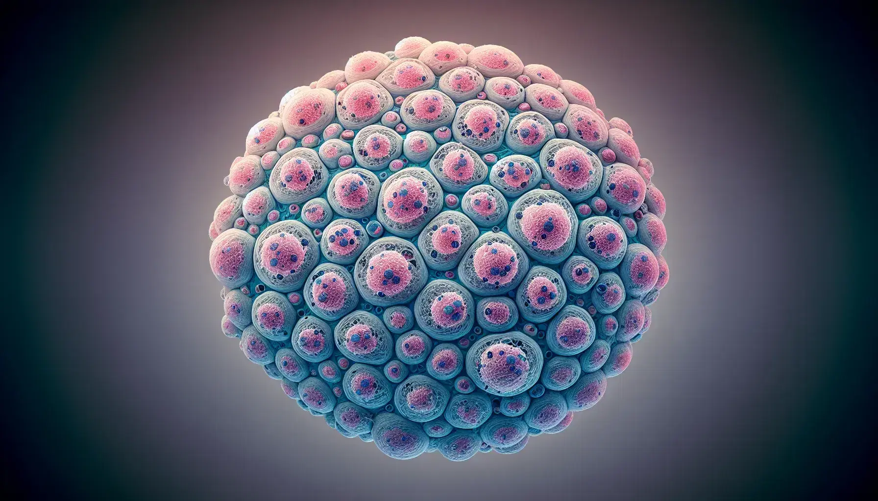 Vista microscópica de tejido celular con núcleos oscuros y citoplasma claro, células bien definidas en tonos rosas, púrpuras y azules.