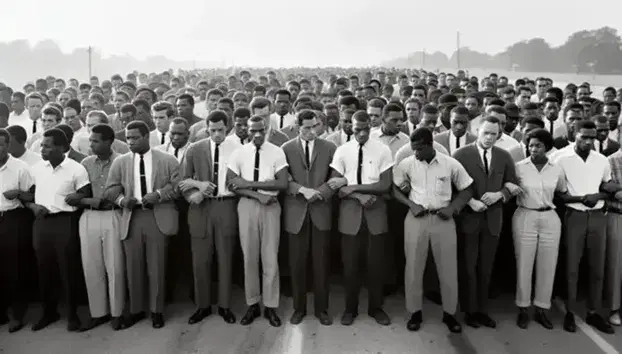 Multi-ethnic group in solidarity during the Civil Rights Movement, united in a line on a city street with clear skies.