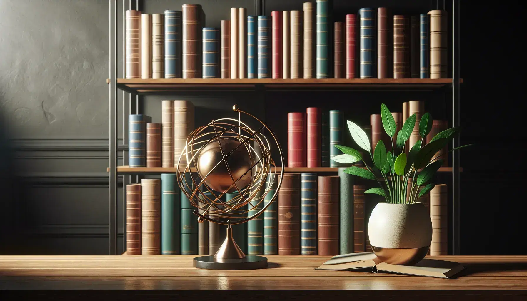 Estantería de madera oscura repleta de libros variados junto a una mesa con esfera armilar metálica y planta verde en maceta blanca.