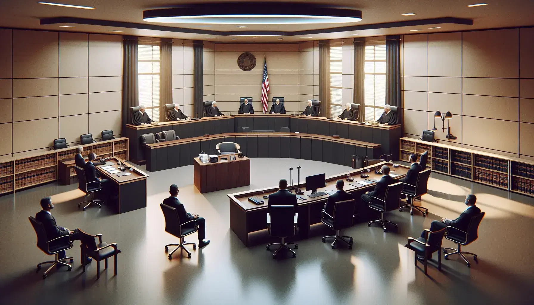 Sala de tribunal con mesa central para abogados, podio con silla elevada para juez en toga negra, mesa auxiliar para secretario, paredes beige, ventanas con cortinas y bandera nacional.