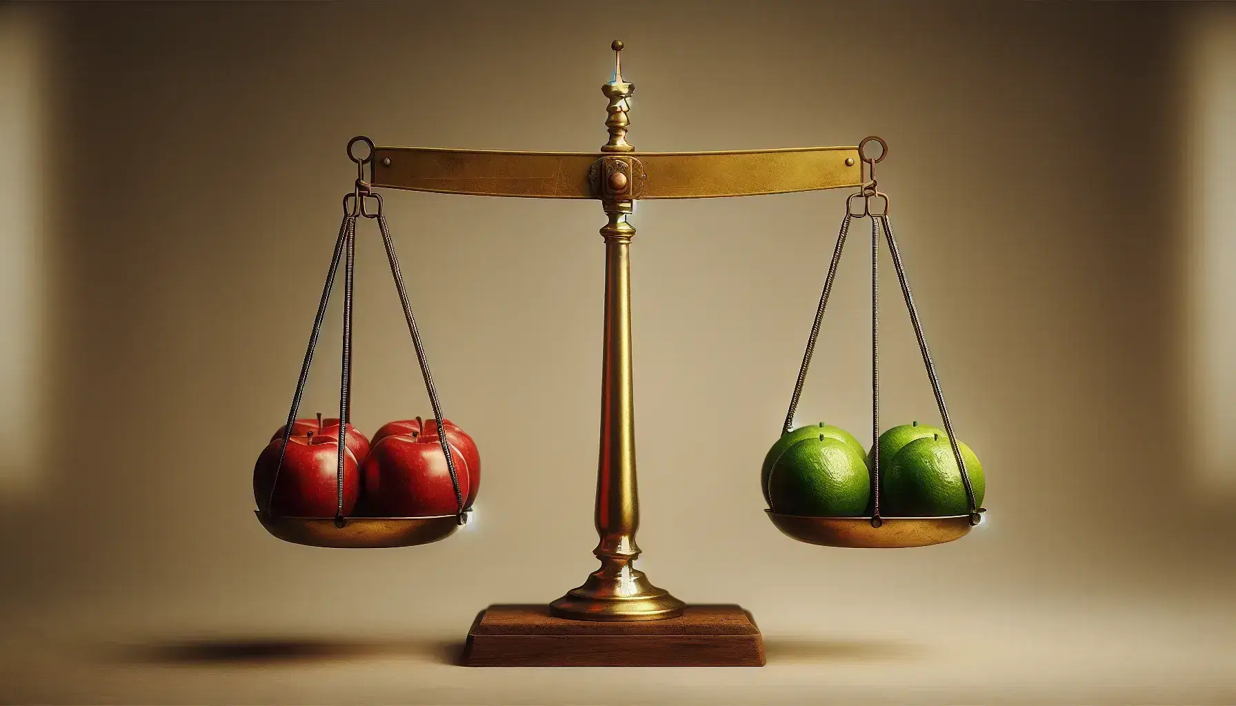 Balanced golden scale with three red apples in one pan and six green limes in the other, indicating equal weight, against a neutral background.