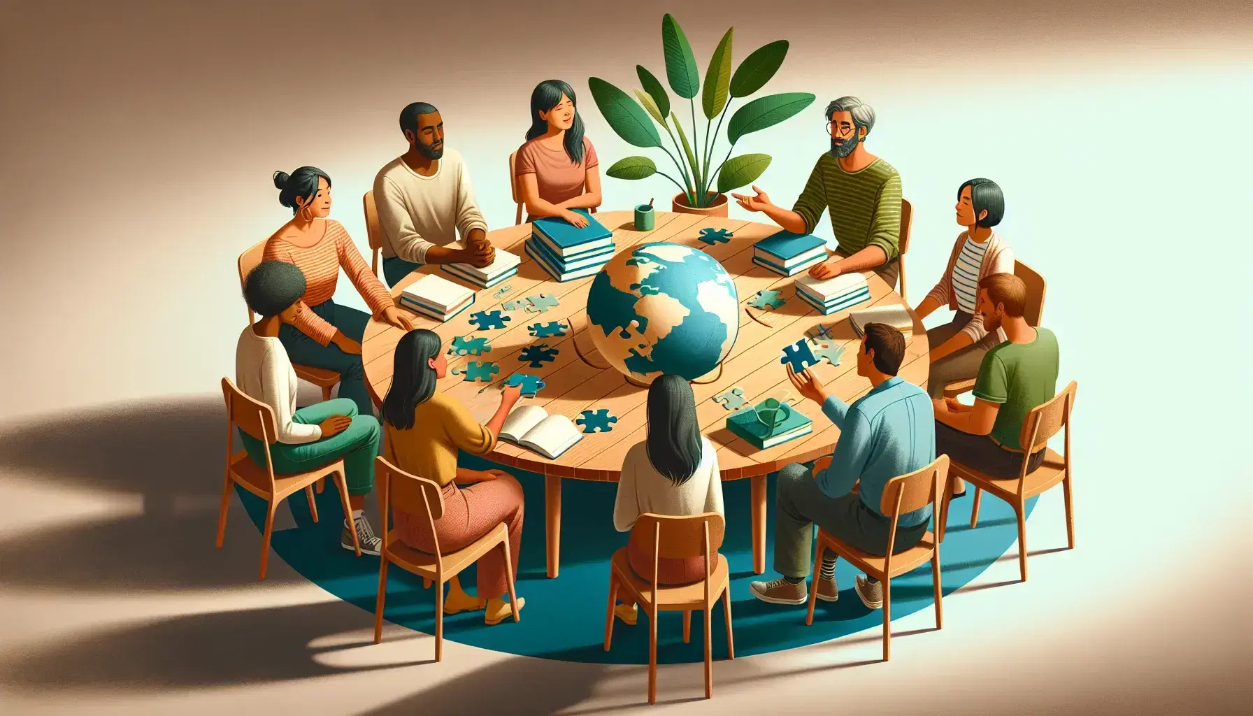 Multi-ethnic group of six people in discussion sitting in a semicircle around a table with books, globe and plant, with puzzle in progress to the right.