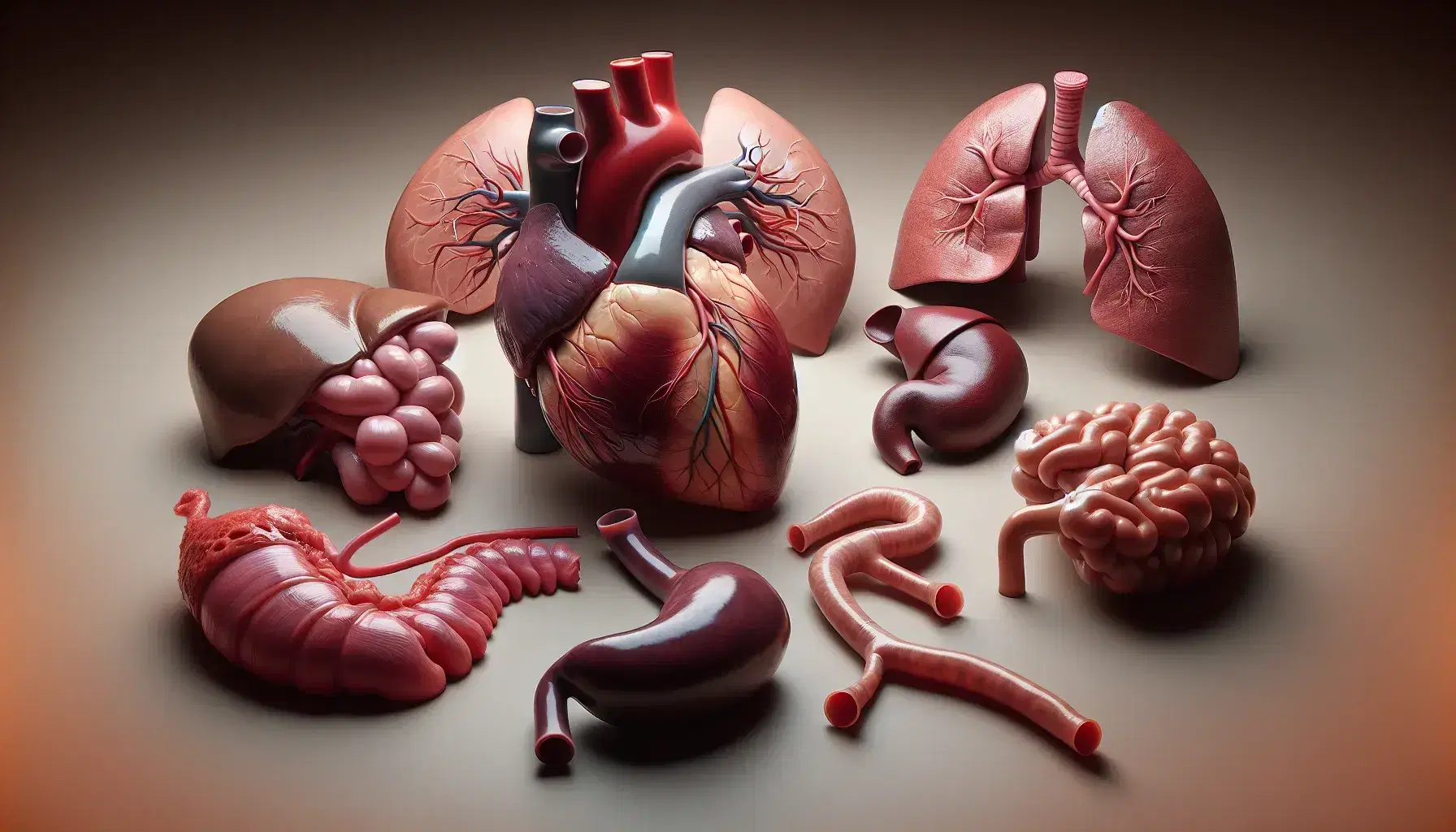 Modelli anatomici dettagliati di cuore, polmone, fegato con cistifellea, rene e intestino su sfondo neutro.