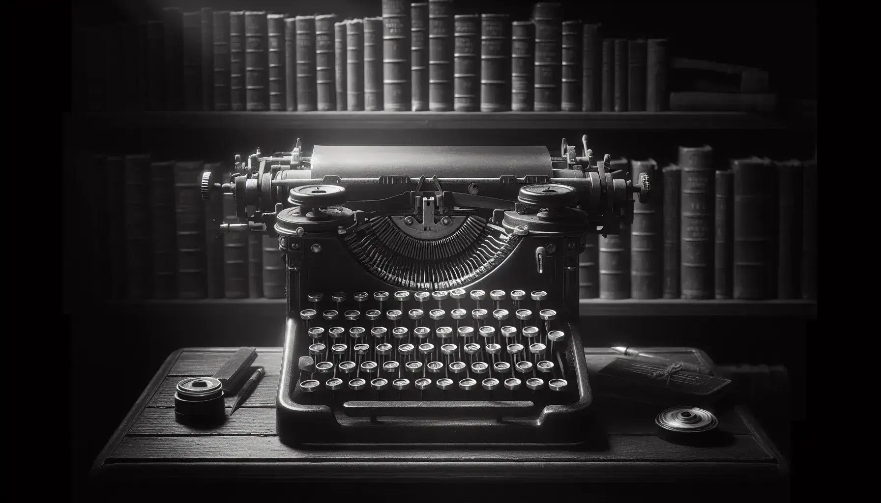 Máquina de escribir antigua con teclas redondas en blanco y negro sobre mesa de madera oscura, con estantería desenfocada al fondo.
