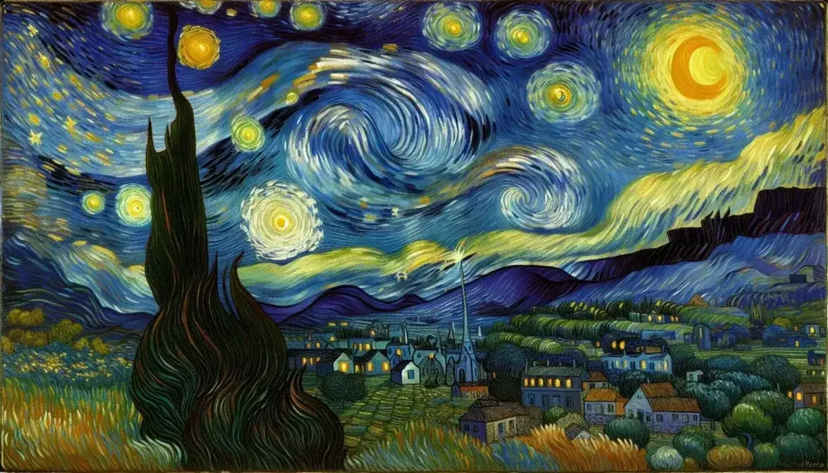 Riproduzione del dipinto 'Notte Stellata' di Van Gogh con cielo turbolento, cipresso nero e paesino illuminato.