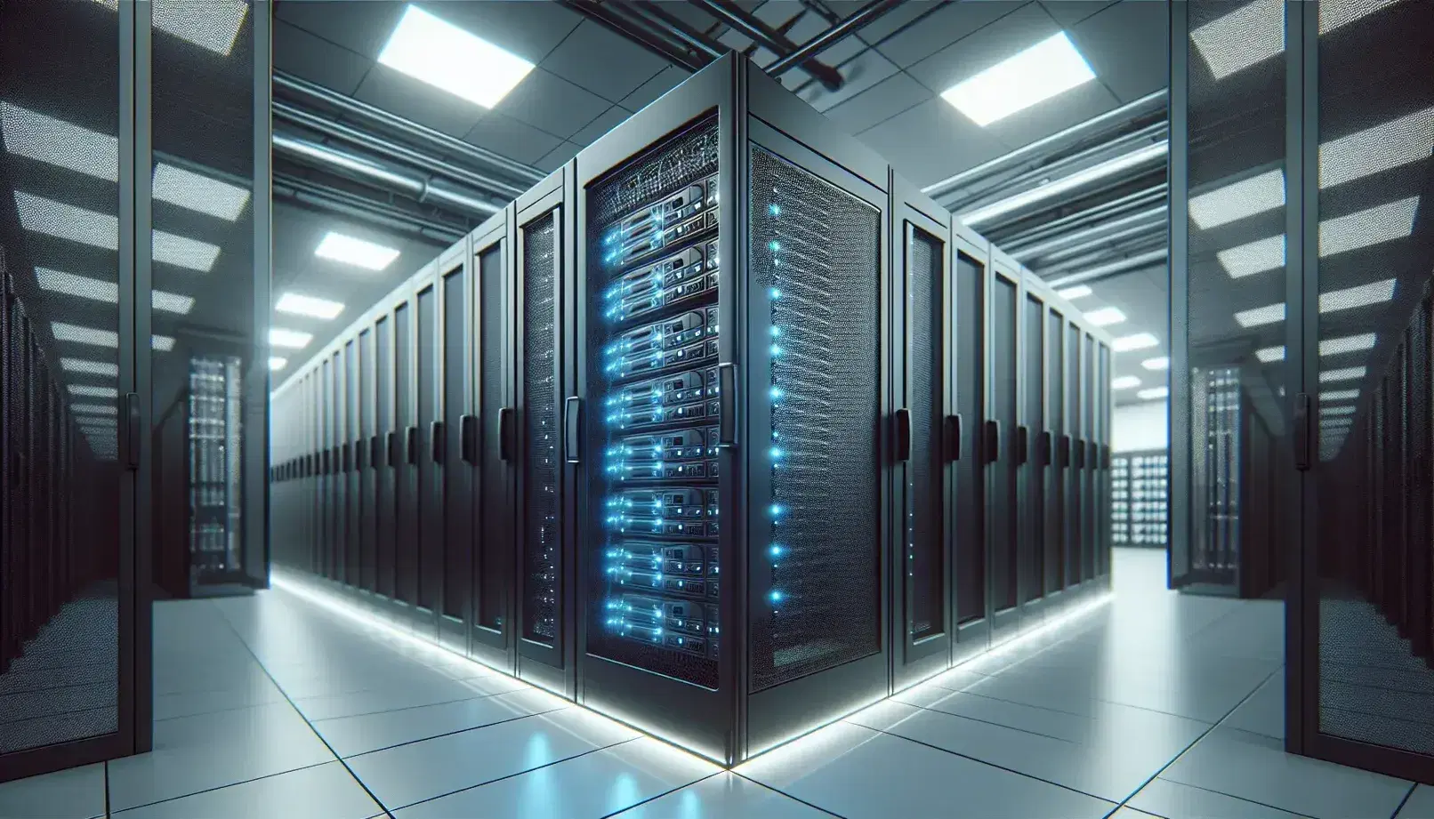 Modern data center with black server racks and blue LED lights, corridor of cabinets in the background, cool white lighting and grated floor.