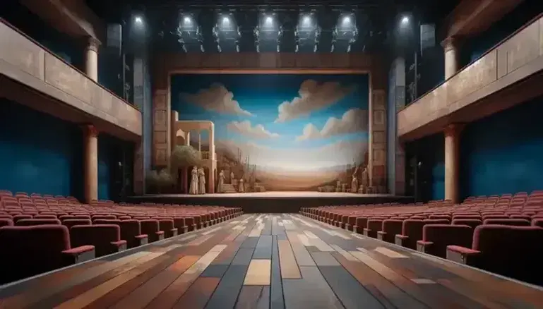 Escenario de teatro vacío con suelo de madera, decorado con cielo pintado, columnas antiguas y árbol, frente a filas de asientos rojos desocupados y luces de teatro.