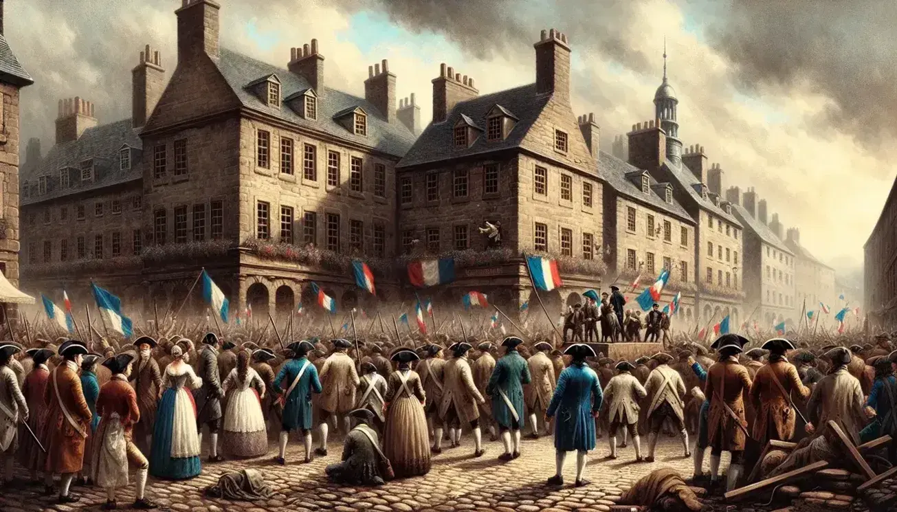 Chaotic scene from the French Revolution with agitated crowd in 18th-century attire, tricolor cockades, and weapons on a cobblestone street, against a backdrop of period buildings.