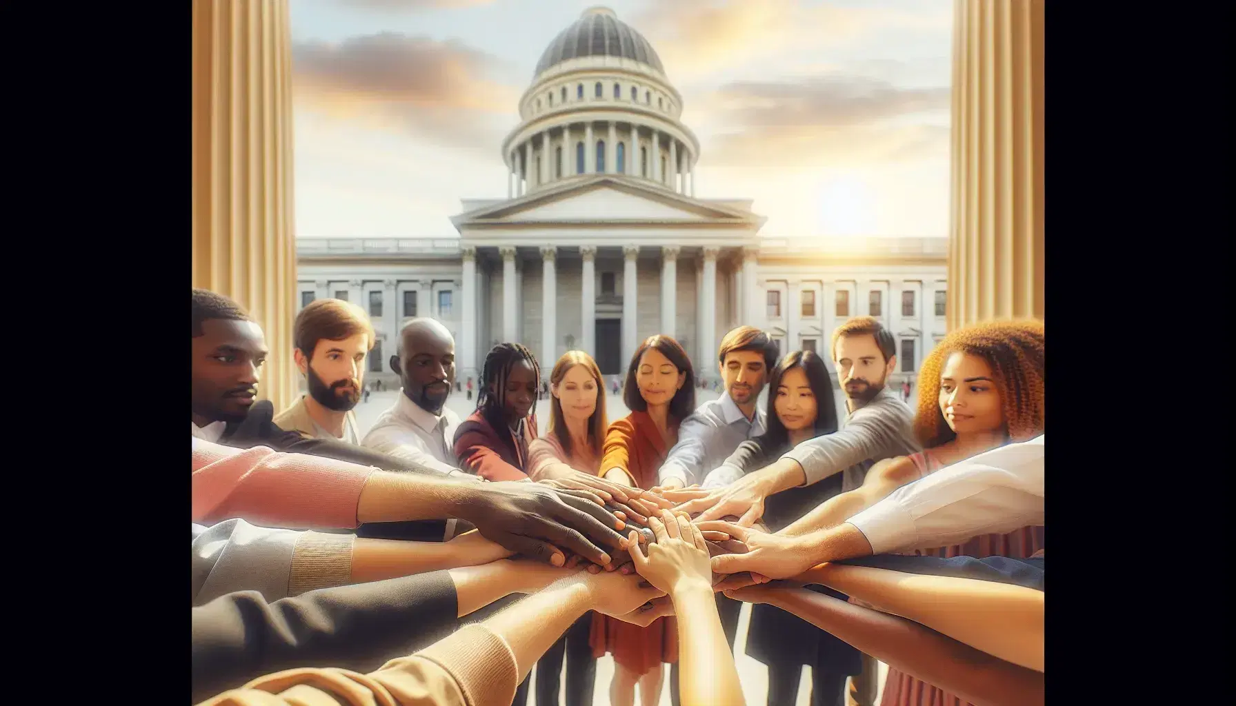 Diverse hands joined in unity against a neoclassical building backdrop, symbolizing multicultural cooperation under a clear blue sky.