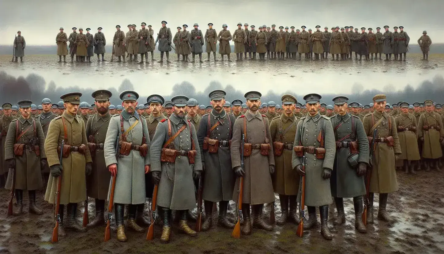 Early 20th-century soldiers in mixed military uniforms with rifles stand in formation in a barren field under a grey sky, exuding a somber atmosphere.