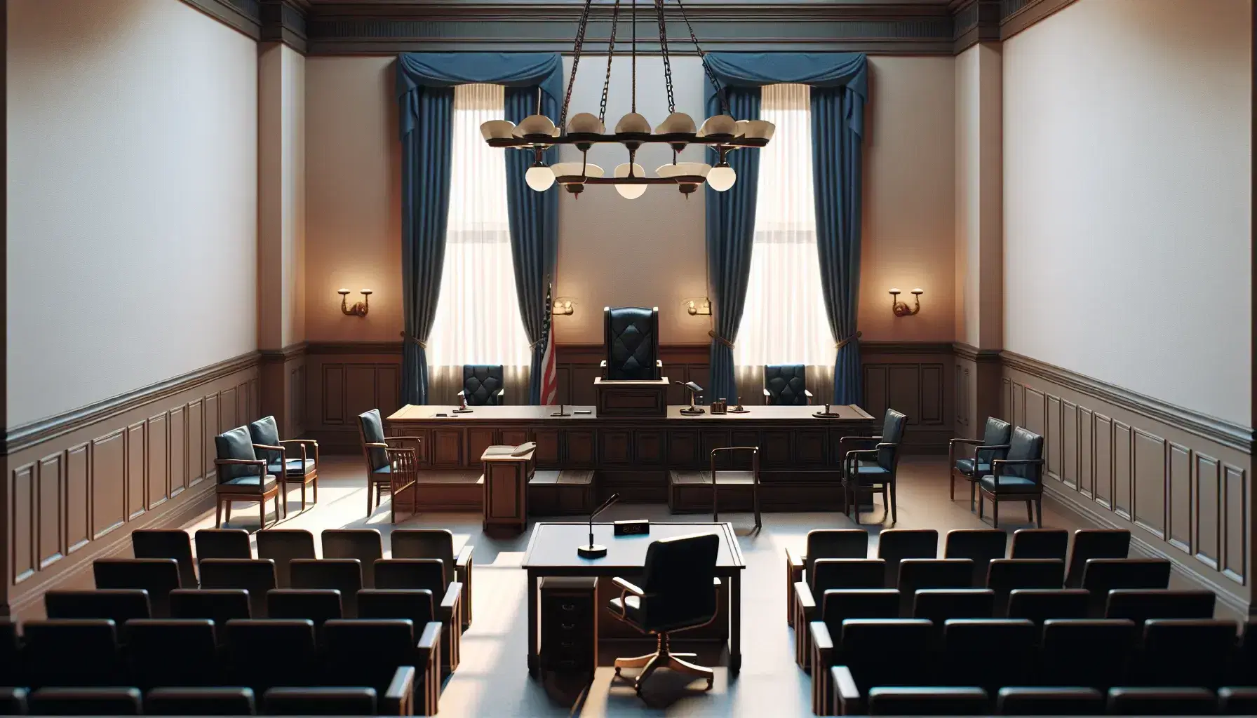 Sala de tribunal vacía con mesa central de madera oscura, sillas a los lados, estrado del juez con silla de cuero negro y cortinas azules.