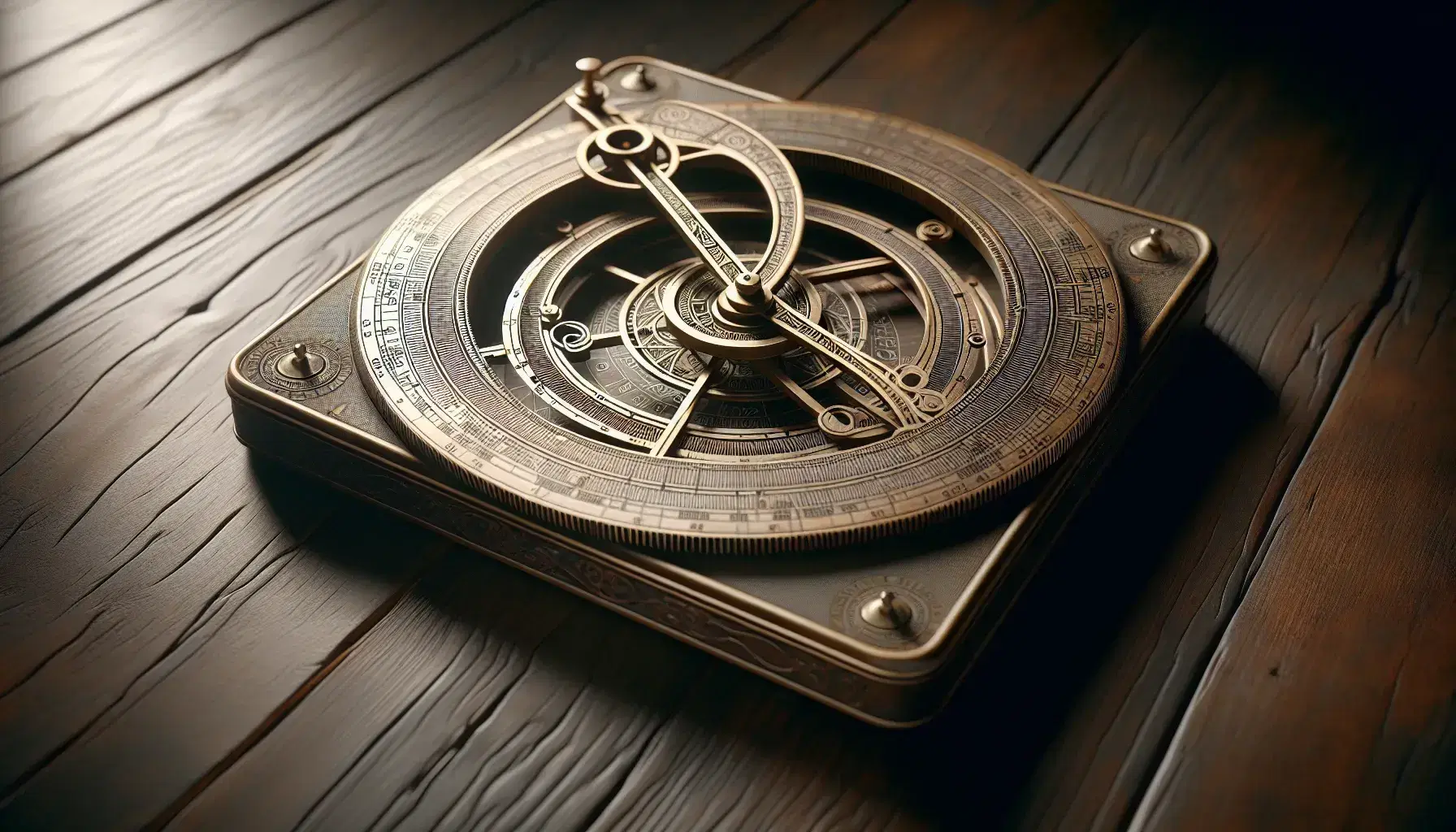 Astrolabio antiguo de bronce con anillos concéntricos y patrones geométricos grabados, sobre superficie de madera oscura que refleja su silueta.