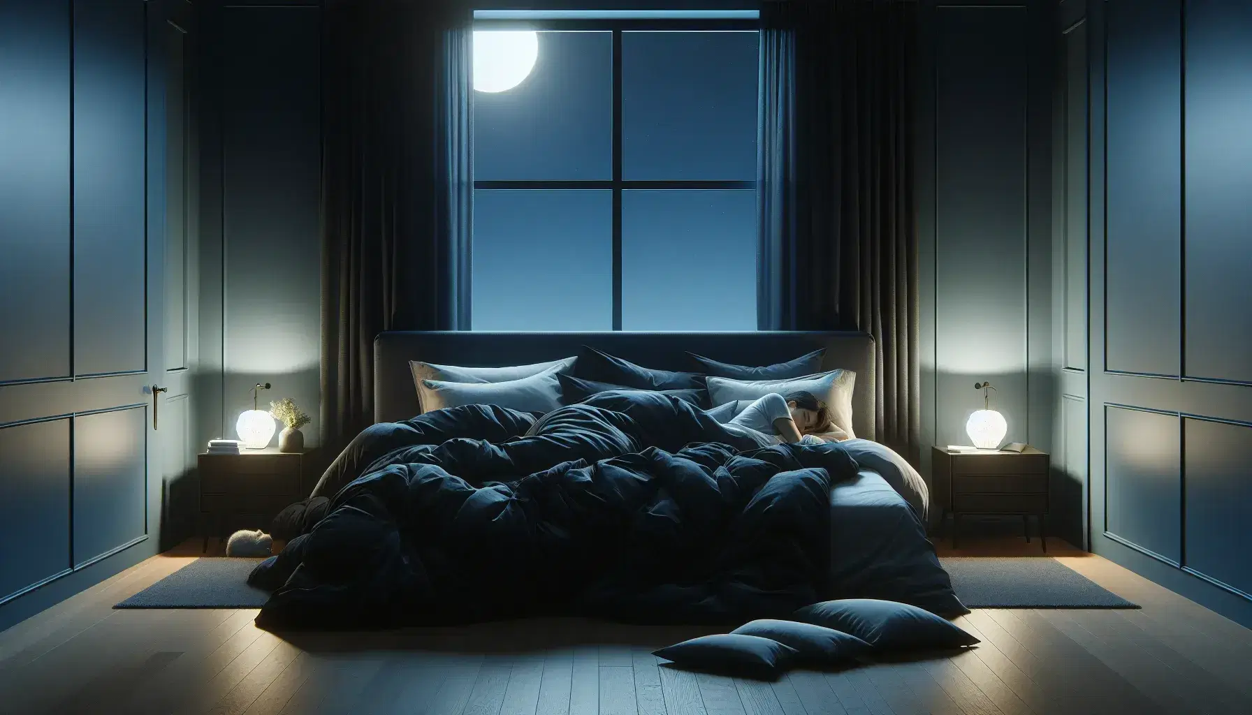 Serene night bedroom with large bed, navy blue blanket, white pillows, wooden bedside tables, lit lamps and open window to the moon.