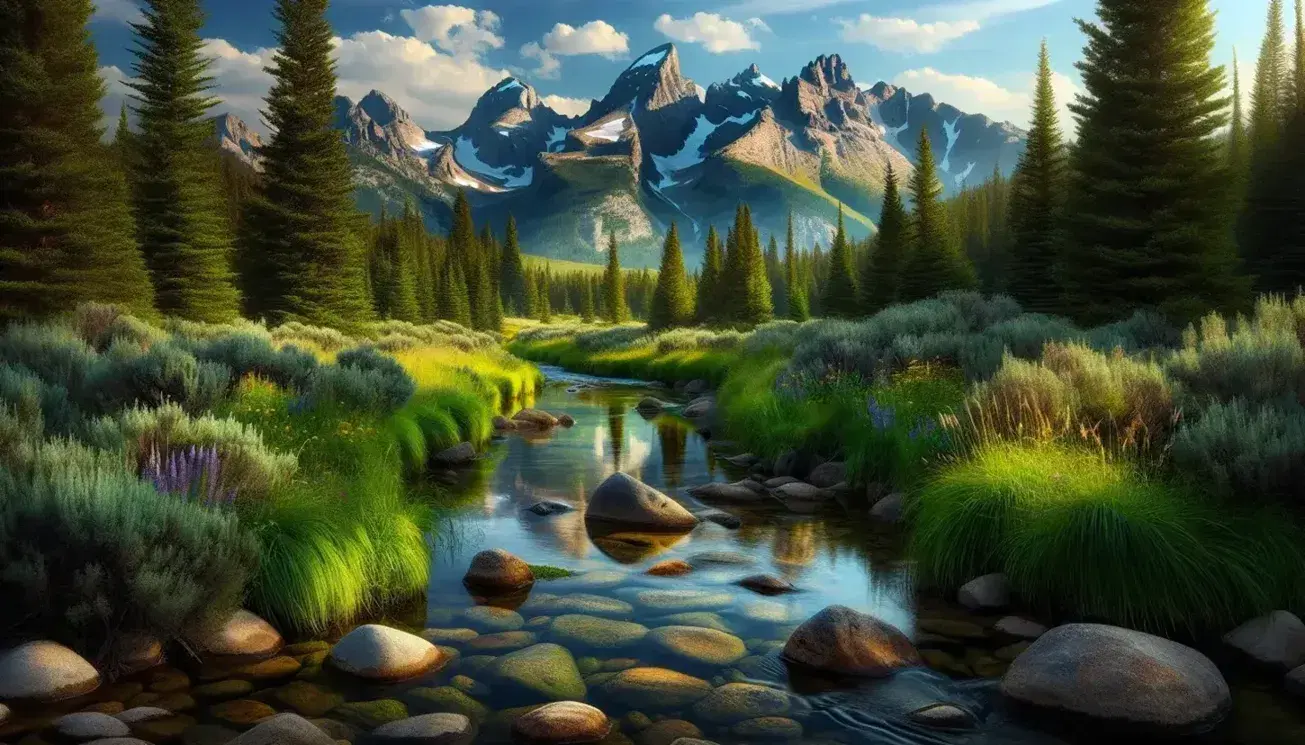 Tranquil mountain creek with clear waters, surrounded by lush greenery, wildflowers, dense pine forest, and snow-capped peaks under a blue sky.
