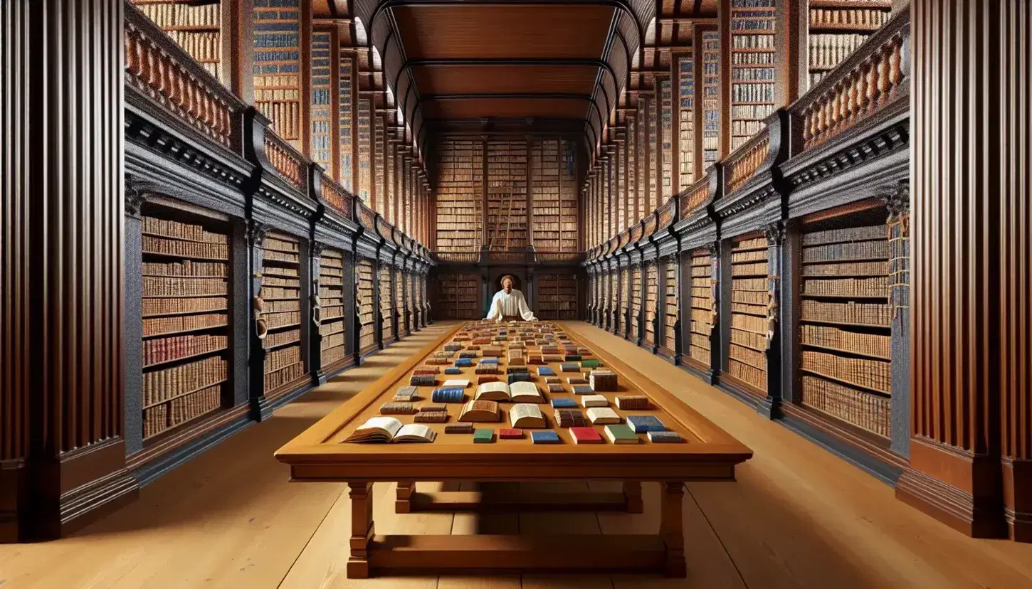 Biblioteca amplia y luminosa con mesa de madera y libros antiguos abiertos, estantes repletos de libros y persona seleccionando uno.