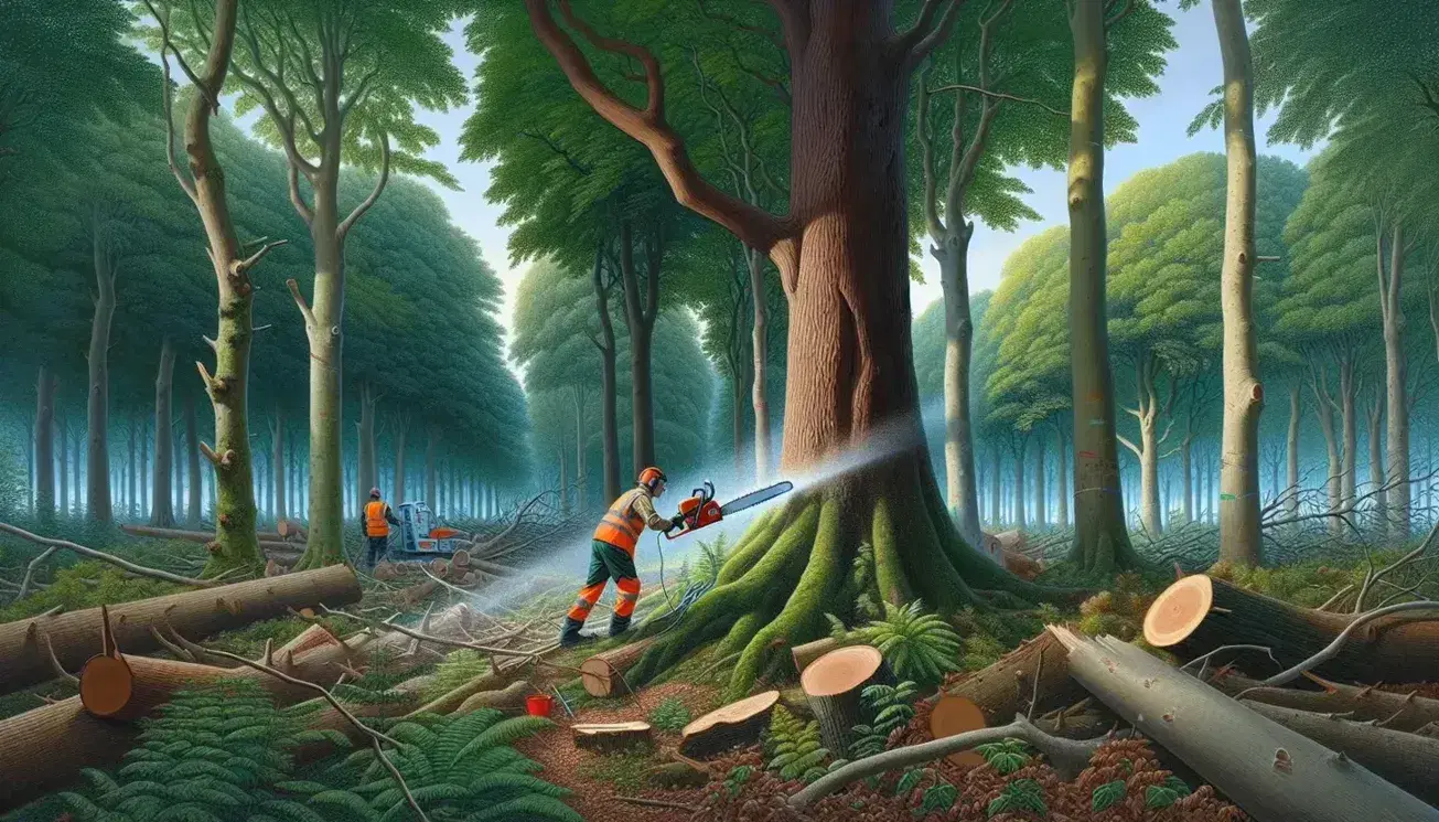 Bosco con albero maestoso al centro, uomo con casco arancione taglia un albero, collega segna tronco con spray rosso.