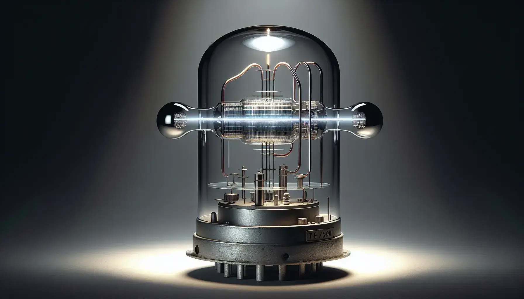 Experimental apparatus to demonstrate the photoelectric effect with a vacuum tube, metal electrodes and a light beam directed towards the tube.