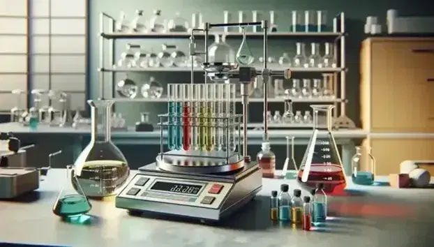 Laboratorio científico con balanza analítica, tubos de ensayo con líquidos de colores, matraz Erlenmeyer, vaso de precipitados y microscopio.