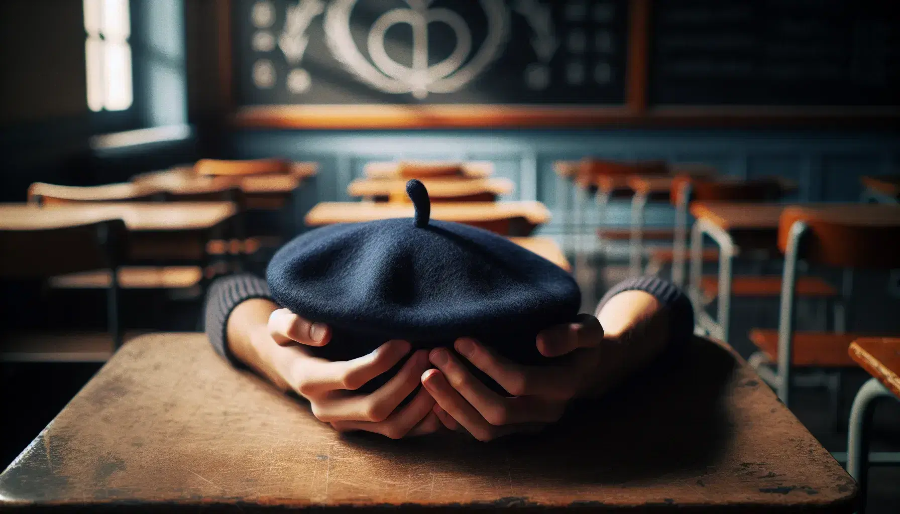 Close-up view of hands holding a navy blue wool French beret in a classroom with wooden desks and a chalkboard in the background.