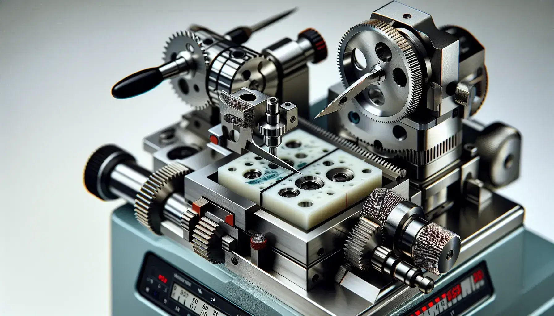 Microtomo automático de laboratorio con portabloques y cuchilla de acero inoxidable, mecanismo de avance y sistema de freno en primer plano, sin texto visible.