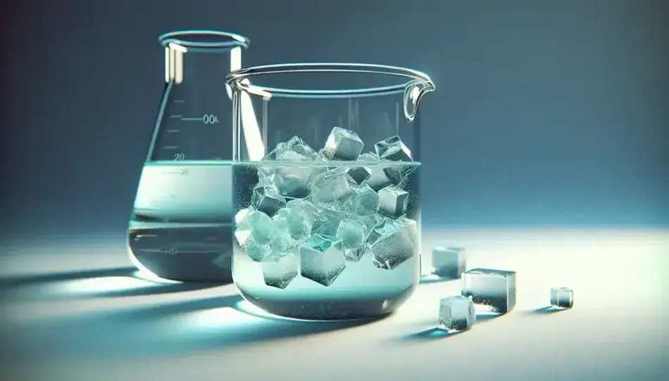 Glass beaker with clear liquid and undissolved blue crystals at the bottom, next to a flask with homogeneous green solution.