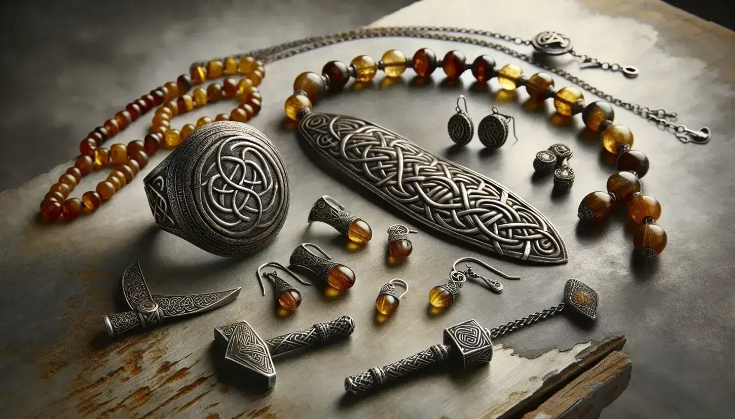 Viking jewelry collection on a textured background, featuring a silver arm ring, bronze brooch, Thor's hammer earrings, amber bead necklace, and a longship pendant.