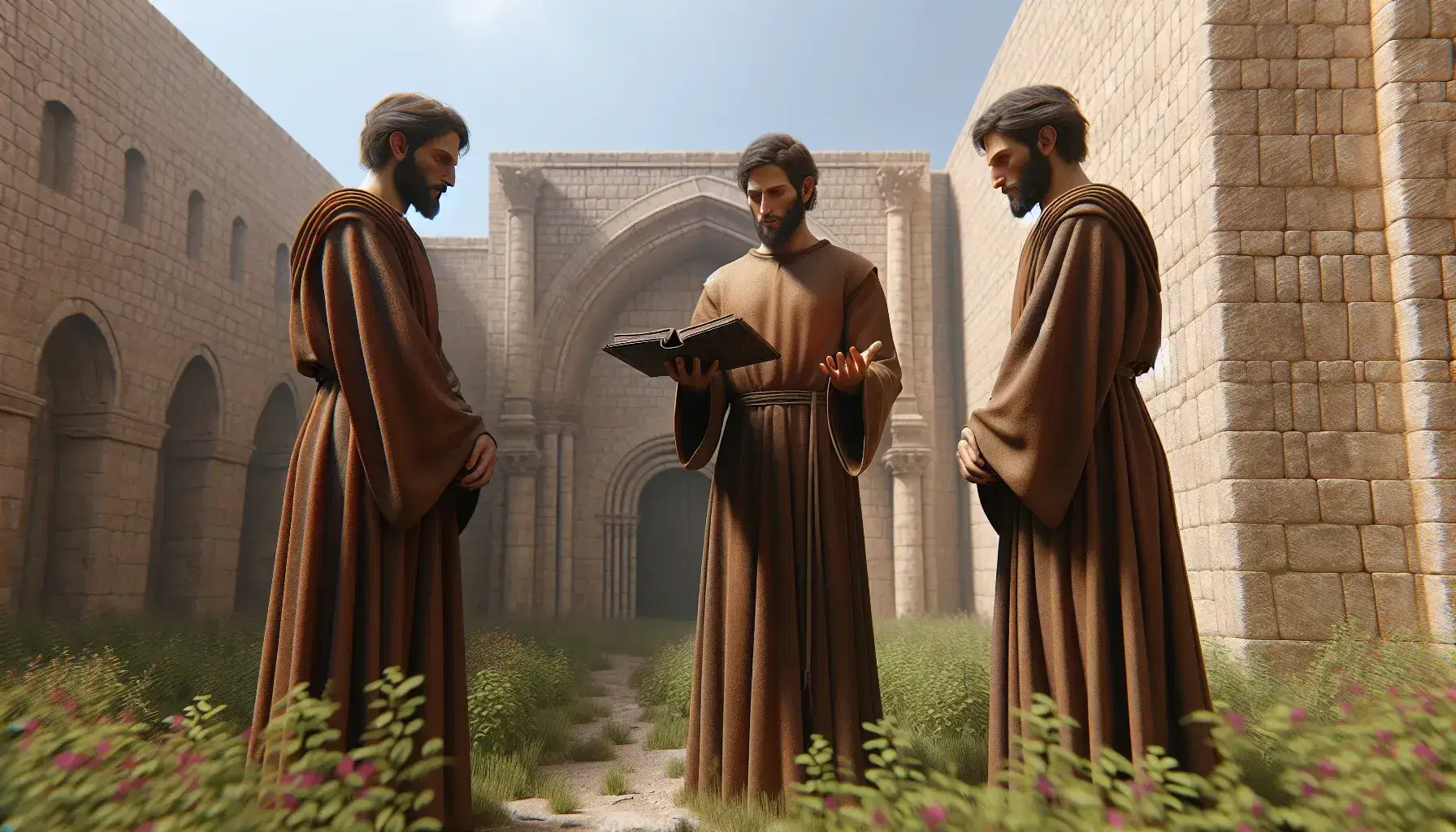 Tres figuras en túnicas marrones sostienen un libro antiguo frente a una construcción de piedra con arcos, en un día soleado.