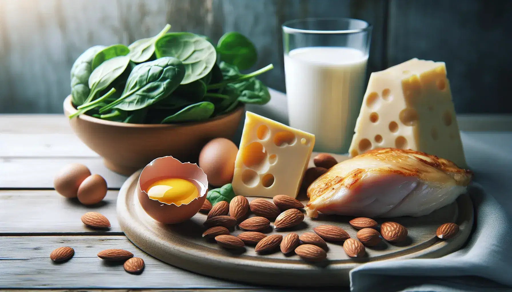 Variedad de alimentos ricos en proteínas sobre superficie de madera clara, incluyendo huevo con yema amarilla, queso, almendras, filete de pollo, vaso de leche, hojas de espinaca y lentejas.