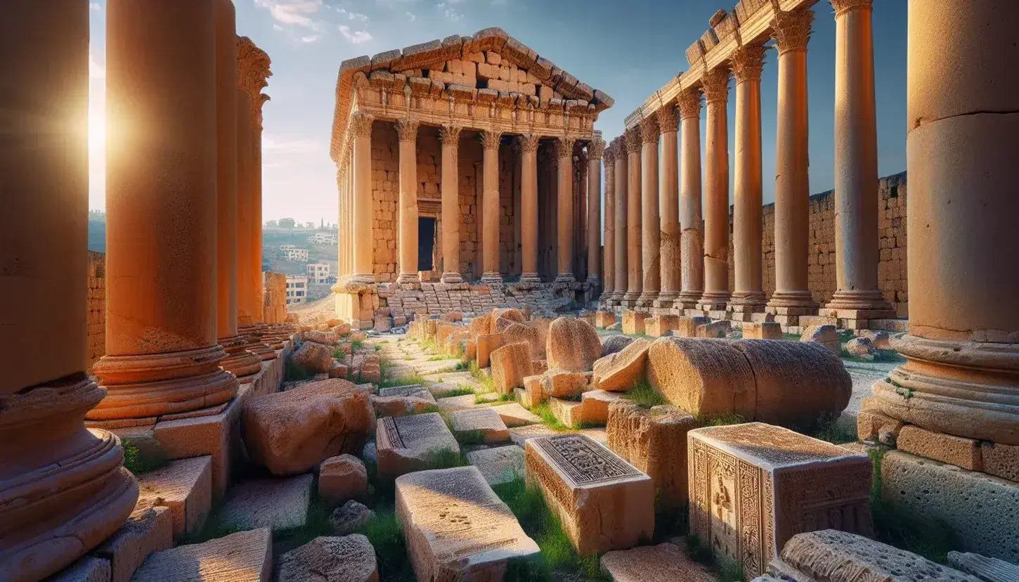 Rovine antiche del tempio di Baalbek in Libano con colonne corinzie e dettagli incisi su cielo azzurro e colline verdi sullo sfondo.