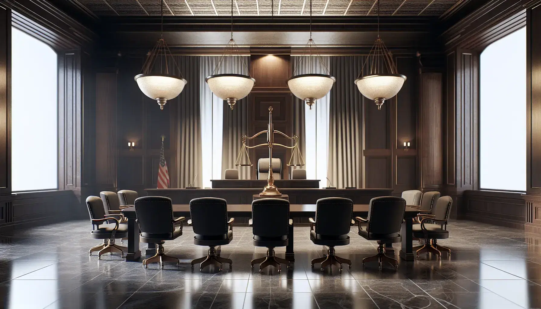 Sala de tribunal vacía con mesa de madera oscura, sillas a los lados, estrado con silla elevada para juez y bandera sin símbolos, balanza de justicia en primer plano.