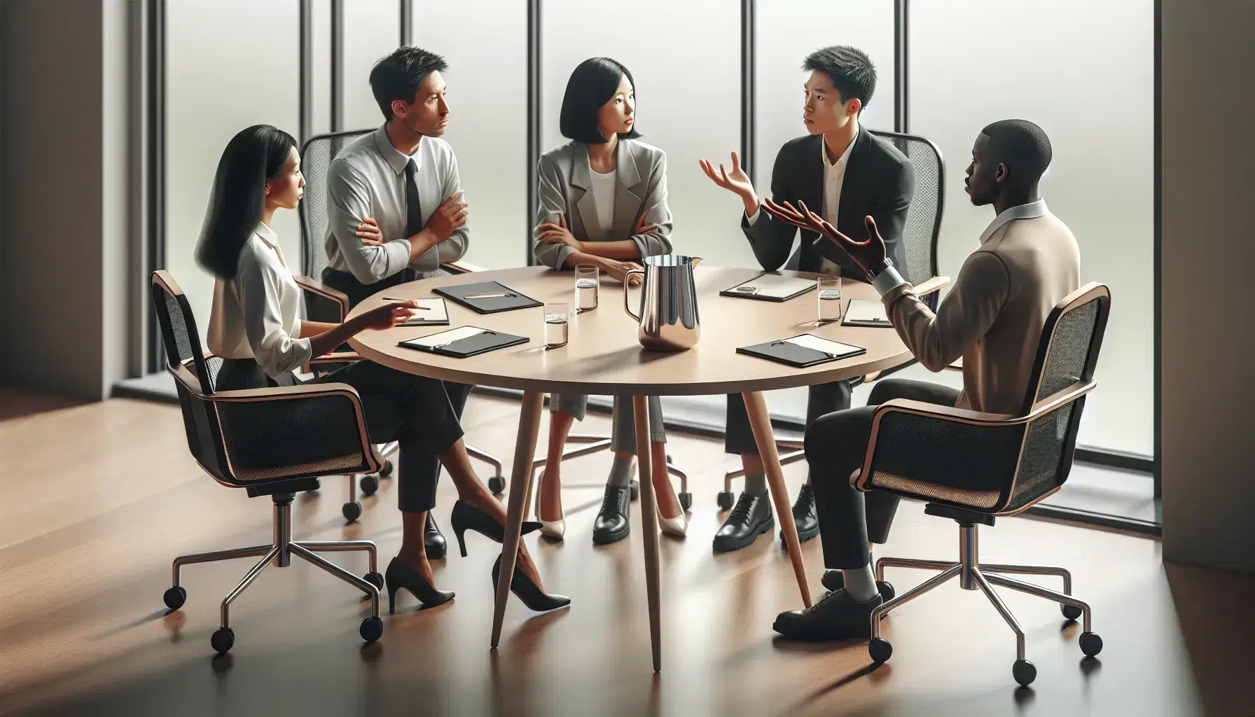 Diverse team in a business meeting around a wooden table, with one man gesturing during discussion, colleagues listening, and water pitcher on table.