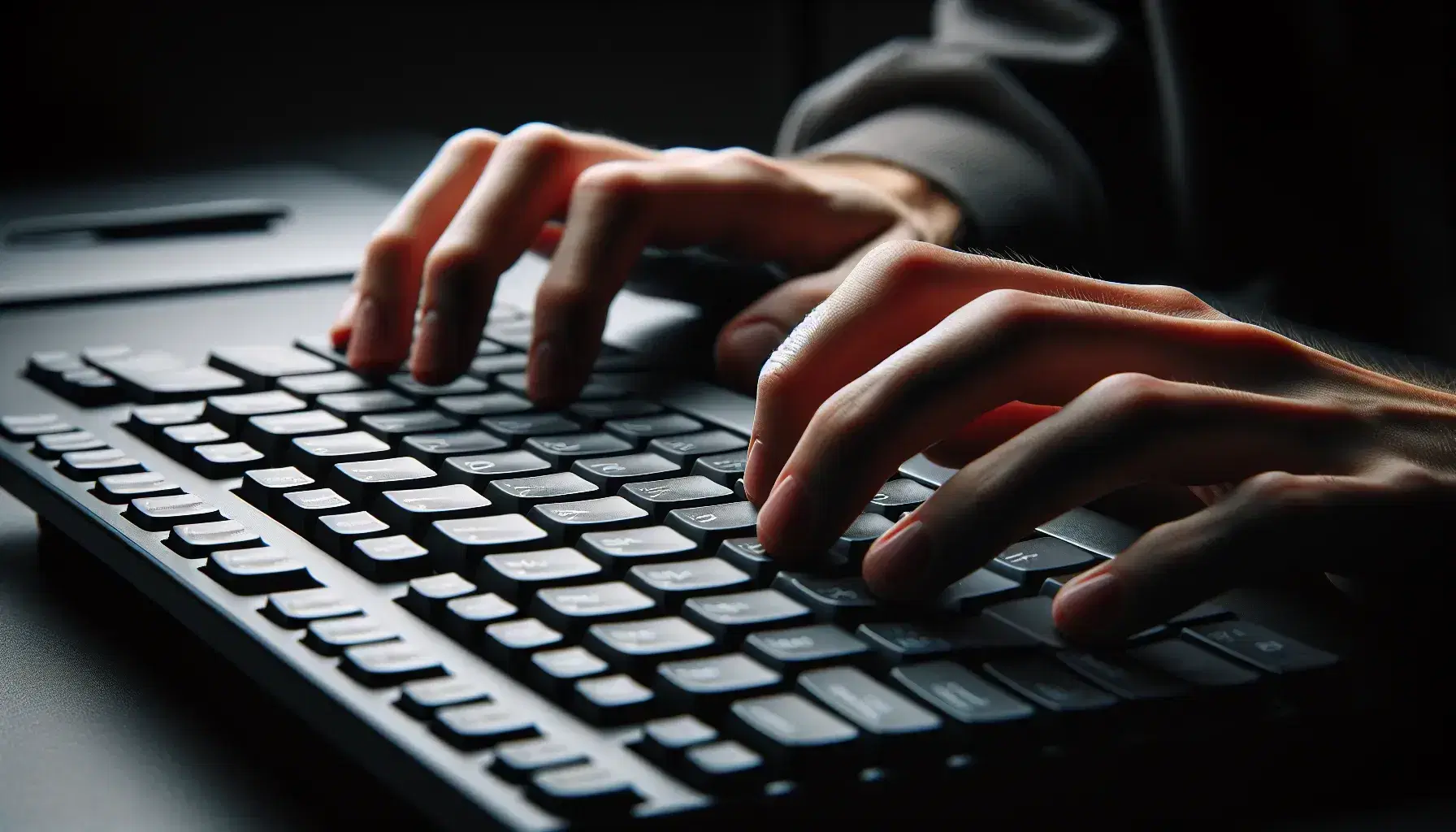 Close-up of hands typing on glossy black computer keyboard with no visible letters, on dark background with soft lighting.