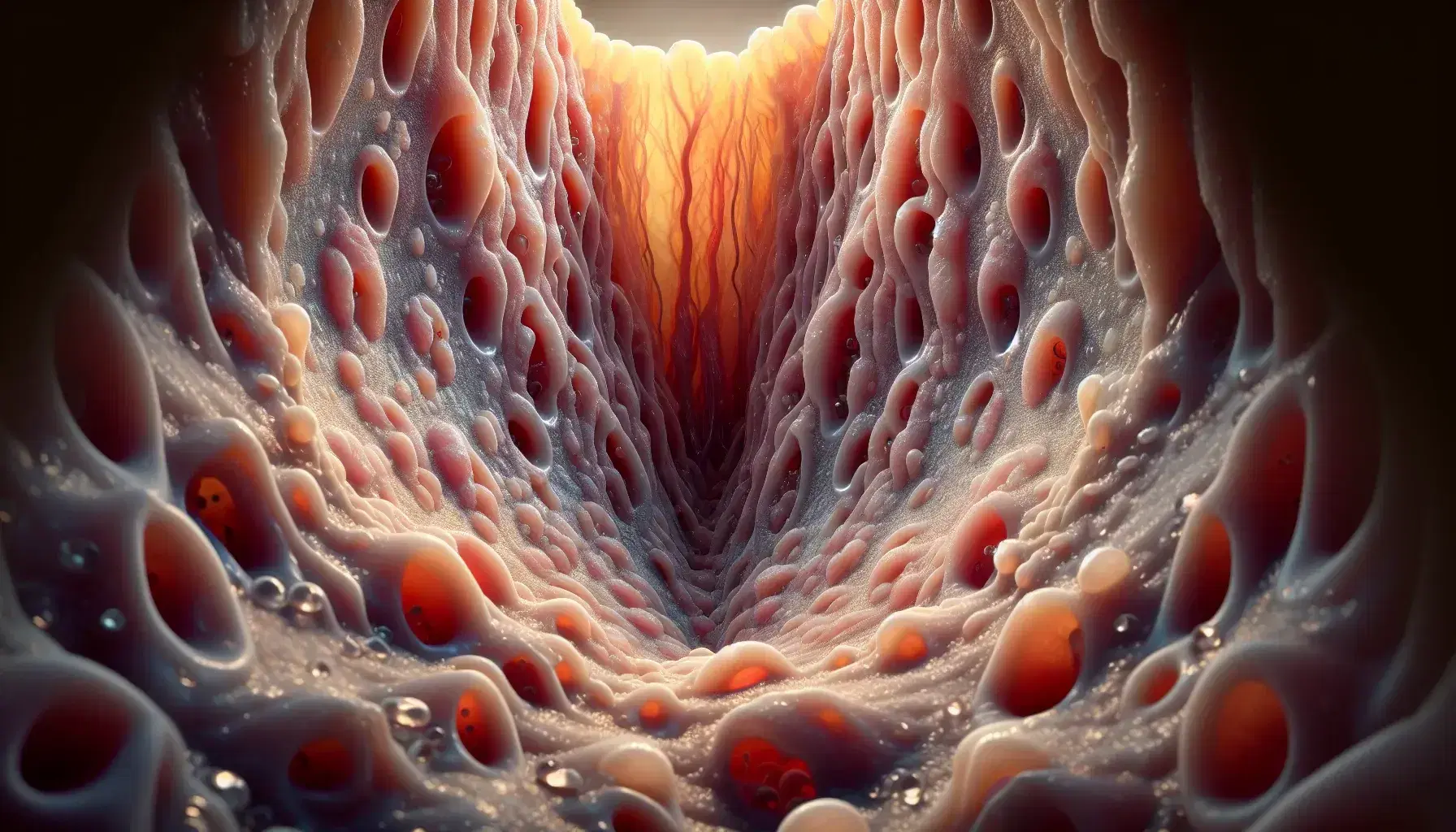Vista detallada de la mucosa nasal húmeda con tonalidades rosadas y rojas, y pequeñas gotas de moco reflejando luz, sin presencia de vello nasal.