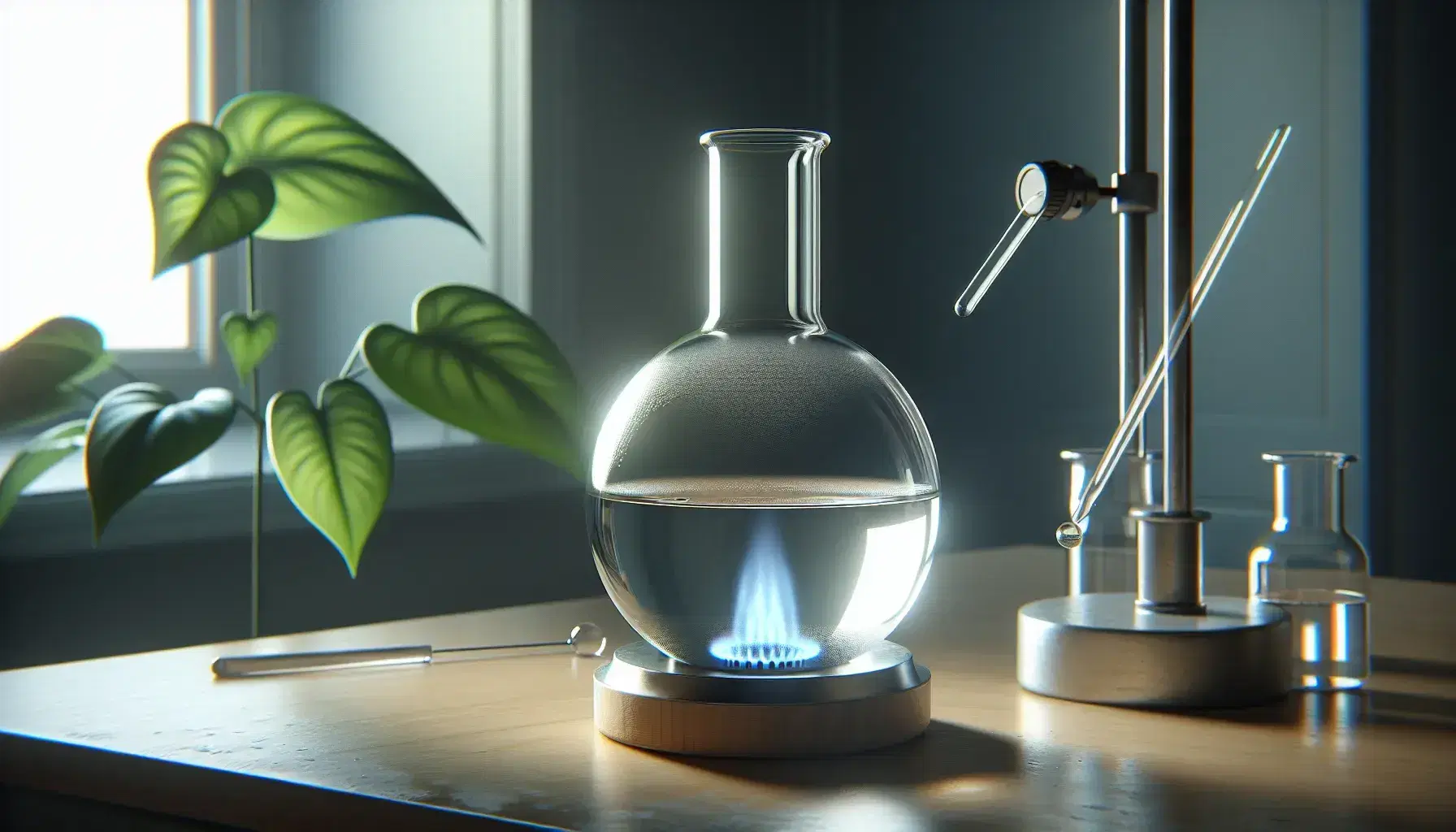 Glass flask with transparent liquid heated by blue flame of a Bunsen burner on wooden laboratory bench, glass rod and blurred green plant in background.