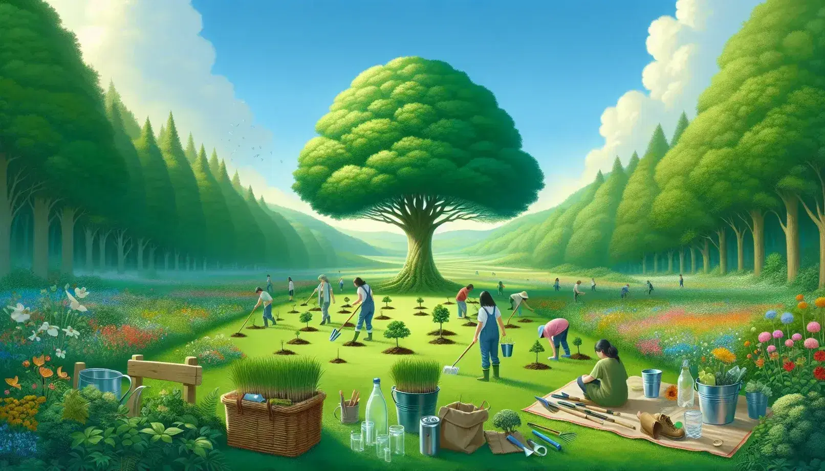 Albero rigoglioso su prato verde con persone che piantano giovani alberelli, cestino da picnic sostenibile e rifiuti raccolti per il riciclo.