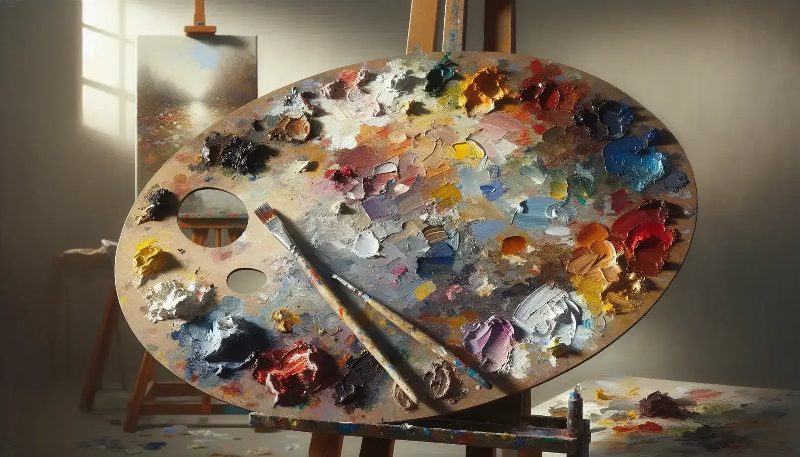 Paleta de pintor ovalada con pinturas al óleo en tonos rojos, azules, amarillos, verdes y marrones, y espátula con restos de pintura, frente a un lienzo abstracto en caballete.