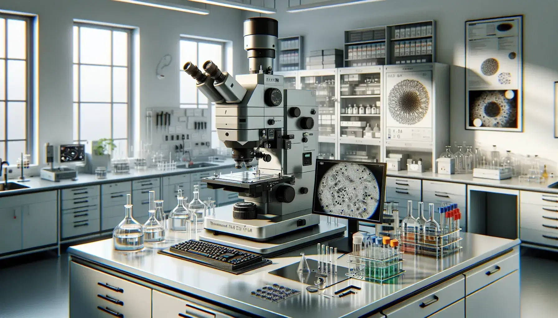 Microscopio elettronico a trasmissione avanzato in laboratorio di ricerca con tessuto biologico pronto per analisi, attrezzature scientifiche sullo sfondo.