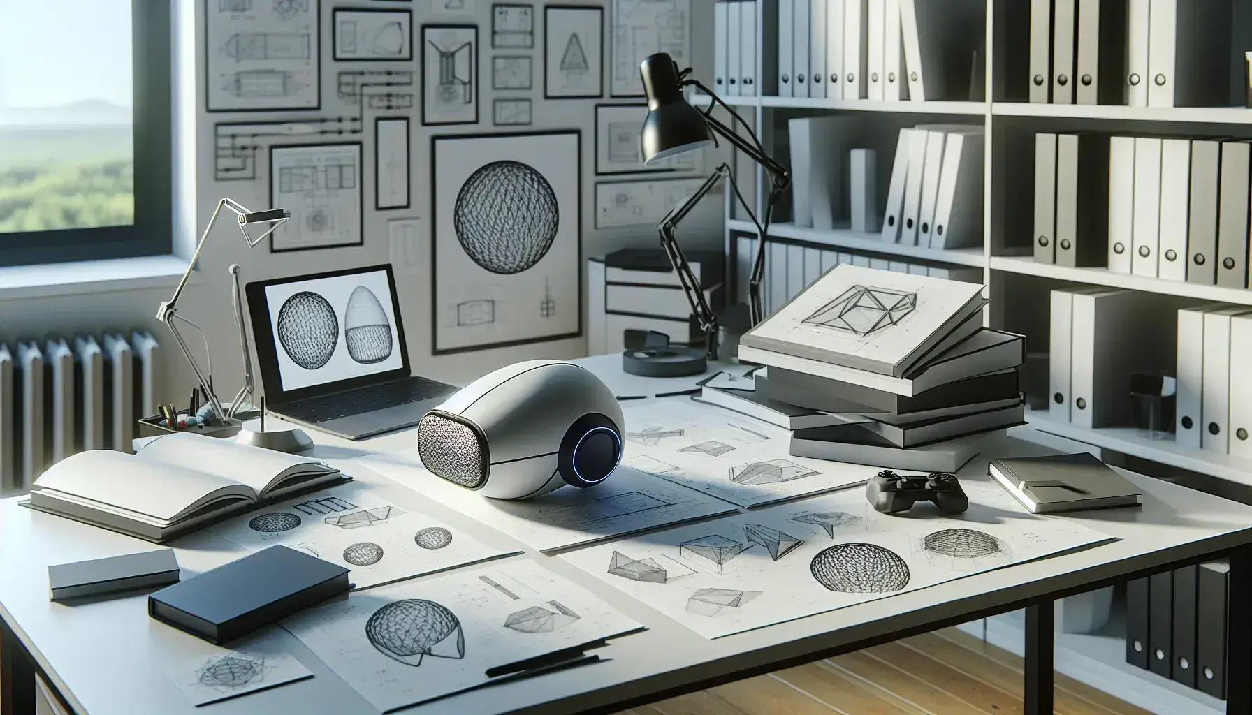 Mesa de trabajo iluminada con prototipo 3D, bocetos de ingeniería, casco de realidad virtual y laptop con software de diseño en estudio creativo.