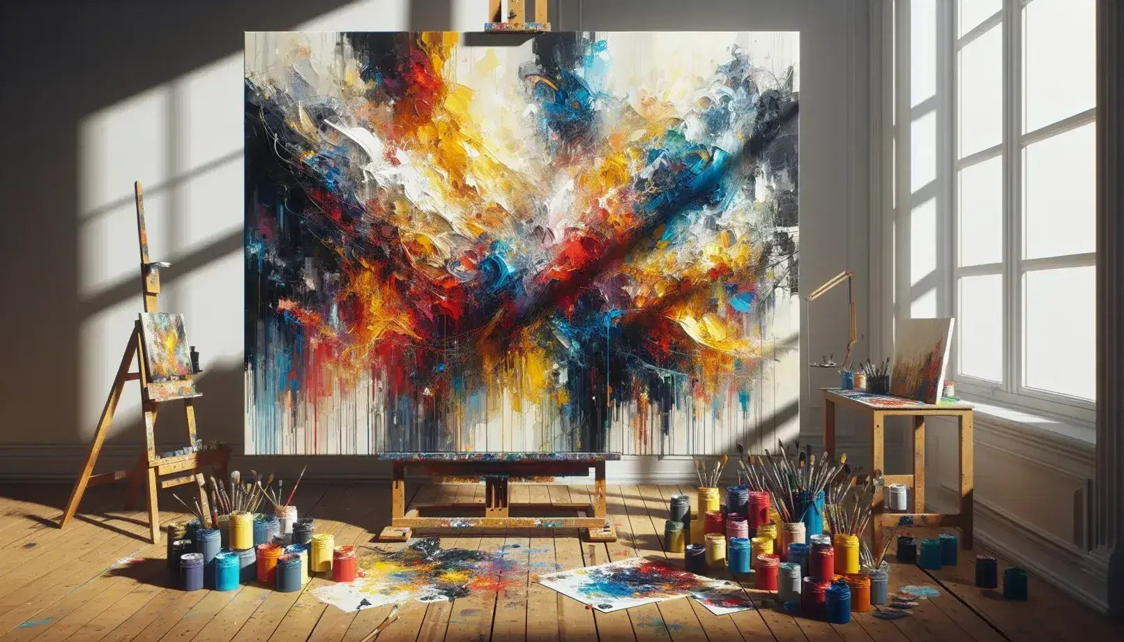 Studio d'artista luminoso con tela su cavalletto, colori vivaci e pennellate visibili, materiali da pittura sul pavimento, artista parzialmente visibile.