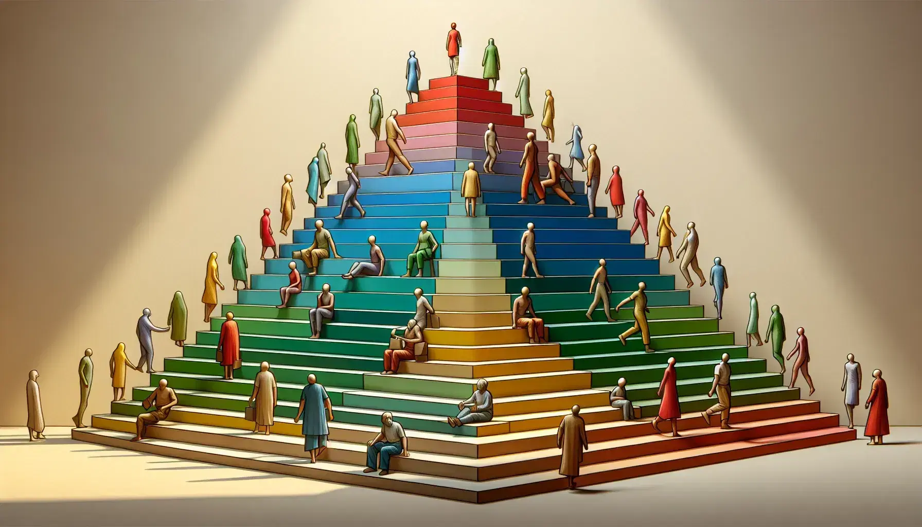 Stylized figures climb a pyramidal staircase that narrows towards the top, wearing colorful clothes that fade into dark tones as they ascend.