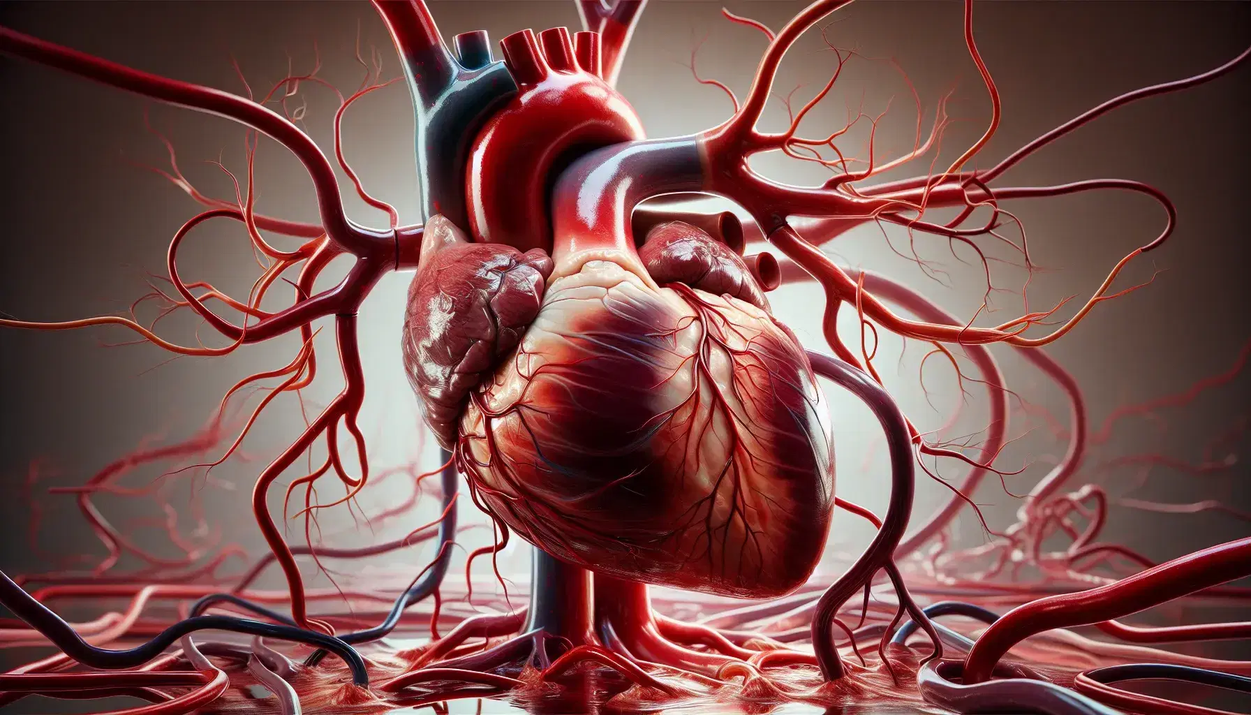 Cuore umano reale con arterie e vene visibili, tonalità rosso-bruno e rete vascolare circostante su sfondo neutro.
