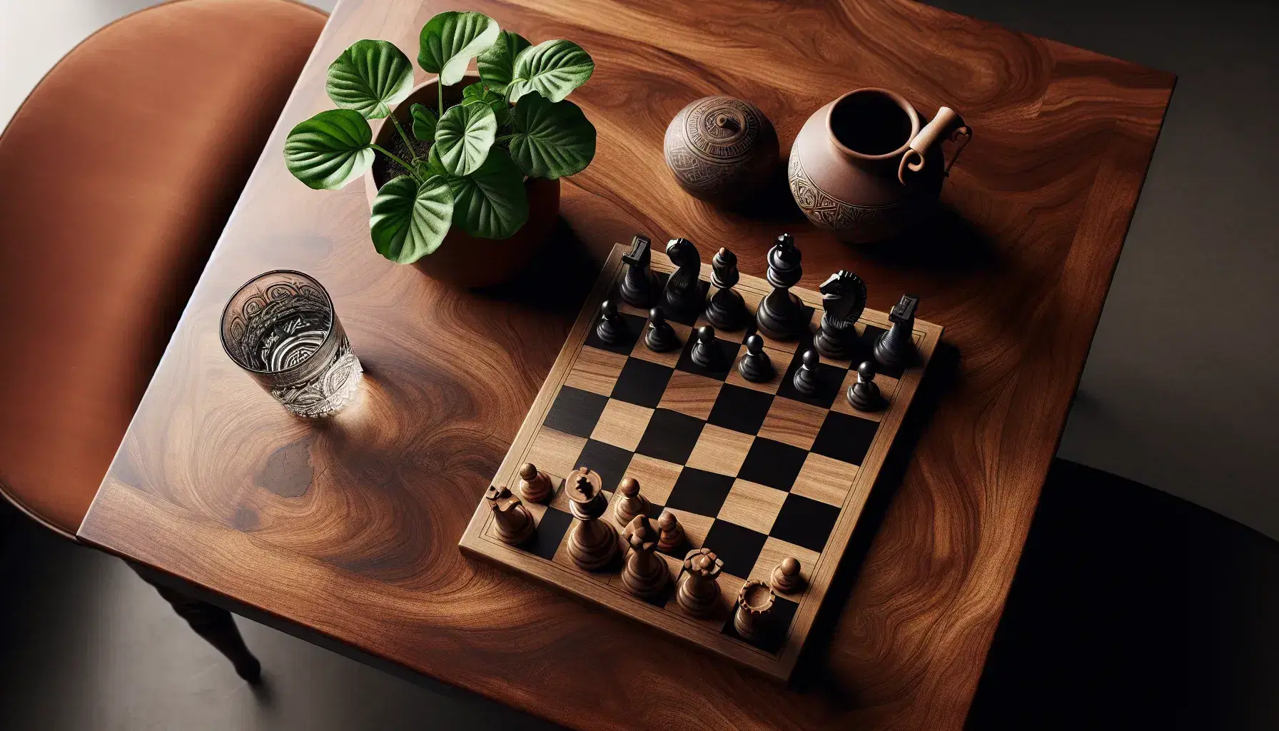Close-up of a dark wooden table with black and white chess pieces, green plant in terracotta pot and glass of water.
