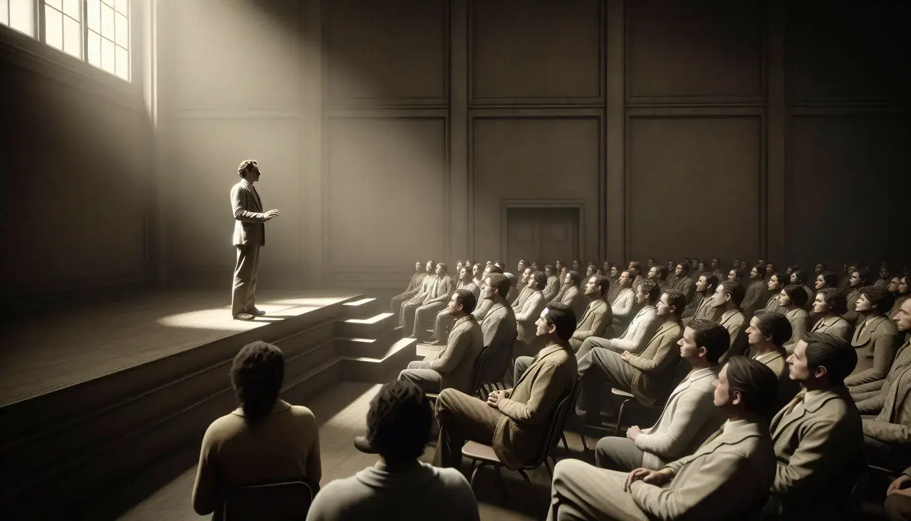 Persona de pie dando una presentación a un grupo atento en un aula iluminada naturalmente, ambiente de aprendizaje formal y concentrado.