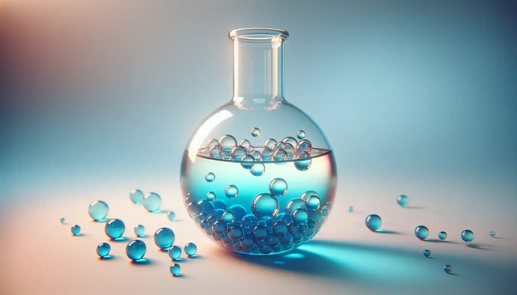 Round bottom glass flask with gas colored deep blue to light blue, surrounded by translucent spheres representing molecules.