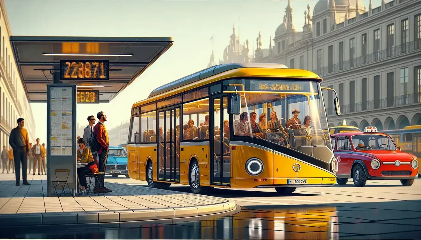 Vibrant yellow city bus in profile with passengers at a bus stop, red and white taxi with open door, and traffic lights on green in a sunny urban Spanish setting.