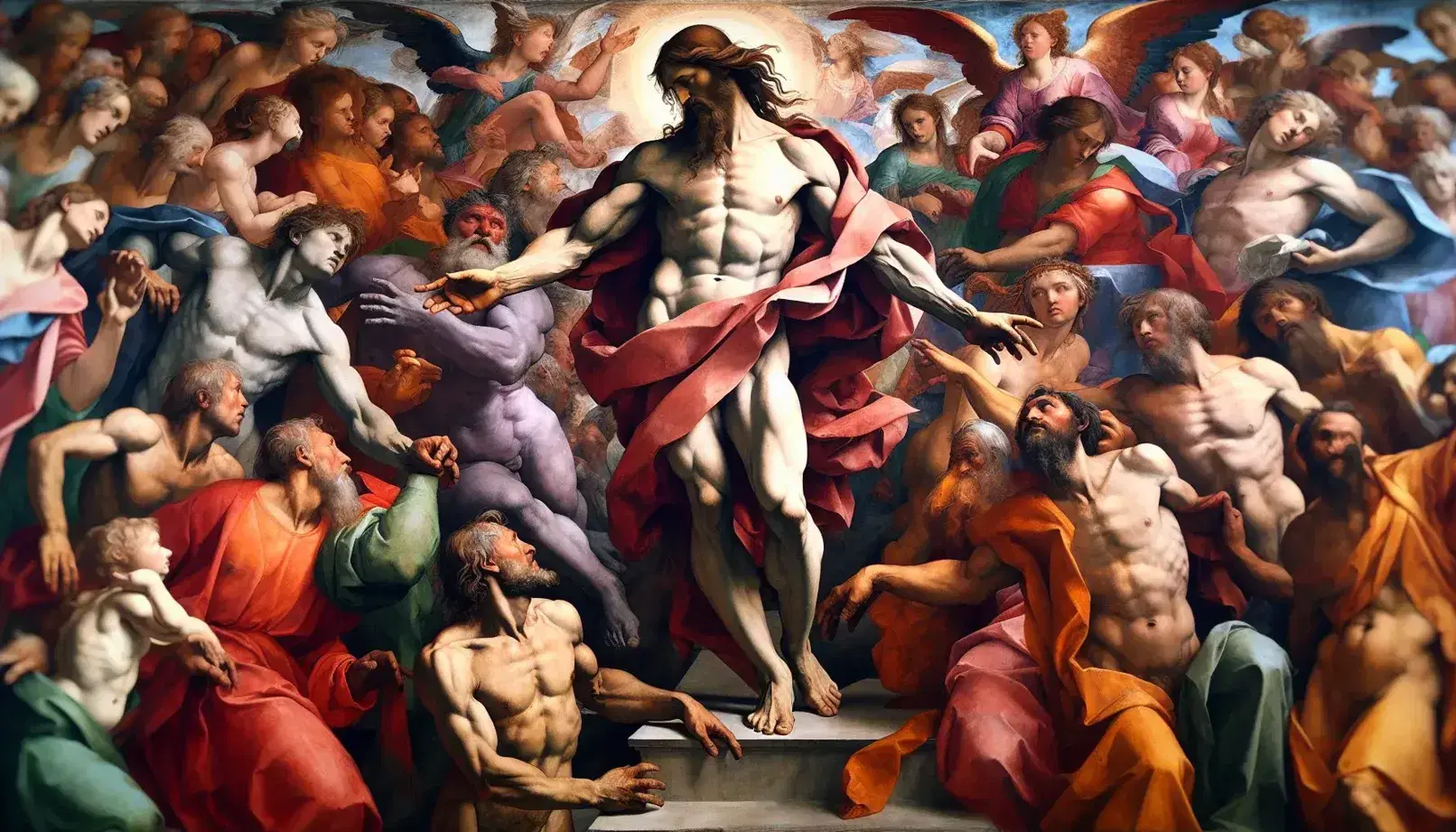 Cristo giudicante circondato da santi e angeli nel dettaglio del Giudizio Universale di Michelangelo, con colori vivaci e composizione dinamica.