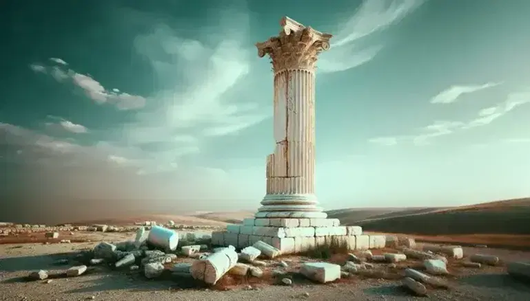 Columna jónica antigua de mármol blanco erosionada bajo cielo azul claro, con base desgastada y capitel con volutas visibles.